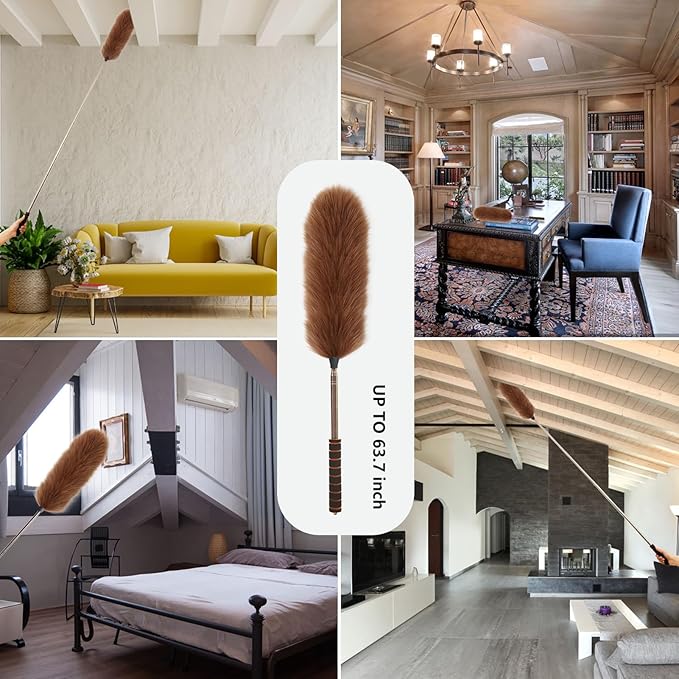 Lambs Wool Extendable Household Cleaning Duster 64" Wall Duster Cleaner with Stainless Steel Long Handle and Extension Pole for Cleaning High Ceiling Fan Interior Roof, Brown