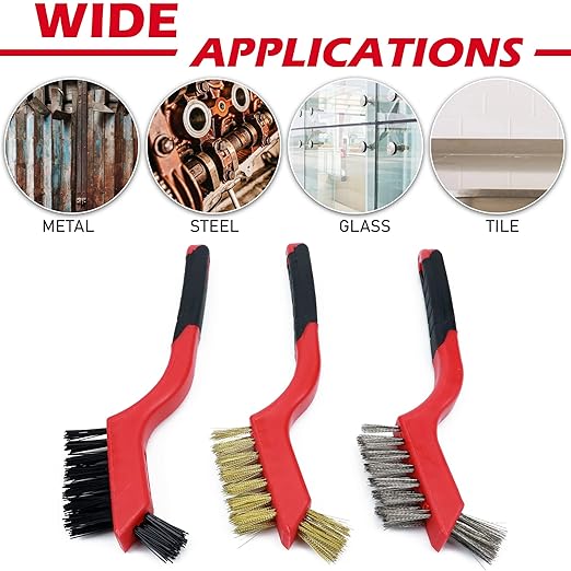 TAKAVU Small Wire Brush Set, 3 Different Types Brush, Brass - Stainless Steel - Nylon Wire Brushes for Cleaning with Curved Handle Grip for Rust Removal, Dirt, Paint Scrubbing