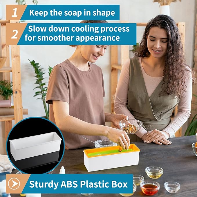 2 Pcs Loaf Soap Mold with Plastic Box, Flexible Silicone Rectangular Mold 42oz, Swirl Making Tool for DIY Soap, Handmade Candles, Resin Casting, Homemade Desserts (Yellow)