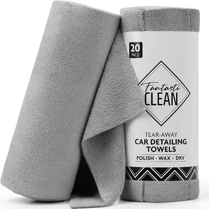 Fantasticlean Microfiber Towels for Cars, Tear Away Car Detailing Cloth Roll, RV Boat Drying Polishing, Edgeless Plush, Coral Fleece, Ultra Absorbent, Scratch-Free, 14" x 14", 20 Pack (Grey)