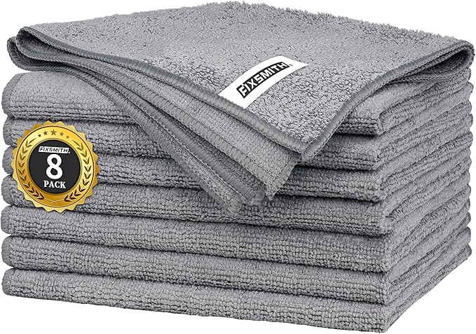 FIXSMITH Grey Microfiber Cleaning Cloth -Pack of 8, Highly Absorbent Cleaning Rags, 16"X12" All Purpose Cleaning Towels for Housekeeping, Kitchen, Car, Lint Free and Reusable Microfiber Towels