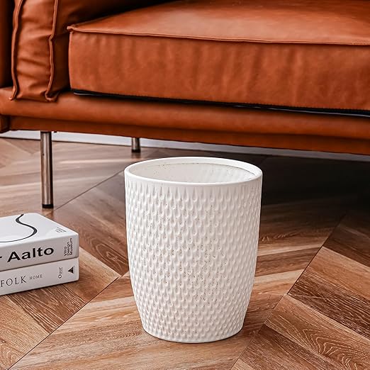 White Ceramic Trash Can - Small Trash Can Wastebasket for Bathroom, Kitchen, Office & Home Decor - Ceramic Round Garbage Container Basket Bin (2.5 Gallon)