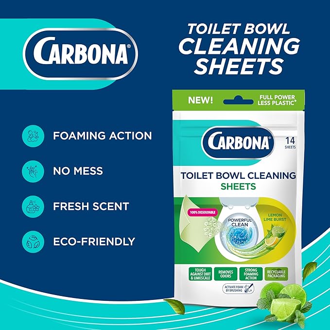 Carbona Toilet Bowl Sheets – Lemon Lime Scent – Powerful Foaming Toilet Bowl Cleaner – 14 Sheets – Less Plastic Waste