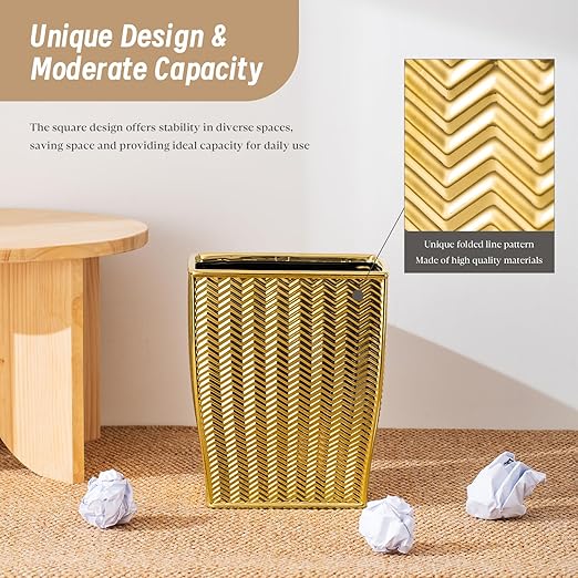 Bathroom Trash Can, Stylish Garbage Container Bin for Living Room, 1.32 Gallon/5 Liters Gold Small Trash Can, Waste Basket for Bathroom, Kitchen, Office, Bedroom-Room Decor