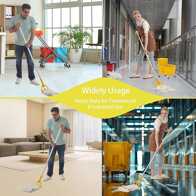 Commercial Mop Heavy Duty Industrial Mop with Long Handle,59" Looped-End String Wet Cotton Mops for Floor Cleaning, Including Three mop Head Replacement