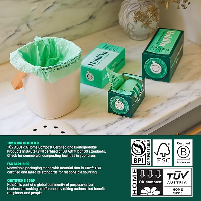 HoldOn Household Staples Set – Heavy duty, PFOA-Free, Compostable 13-Gallon Tall Kitchen Trash Bags, 4-Gallon Small Trash Bags, Gallon ZipSeal Bags and ZipSeal Sandwich Bags