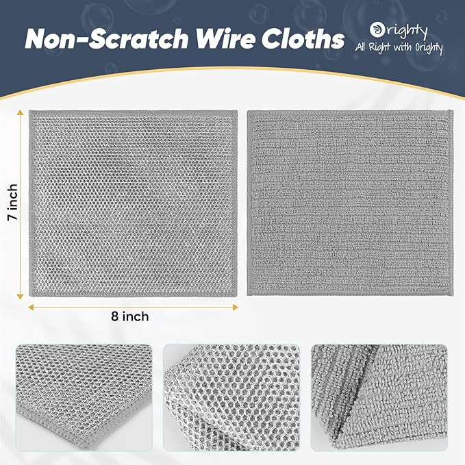 Orighty Multipurpose Wire Dishwashing Rag 12 Pcs, Upgraded Double-Layer Non-Scratch Wire Dish Cleaning Cloths, Reusable Steel Scrubber for Kitchen, Powerful Dishcloth Rag for Cookware, Grey, 7"x8"