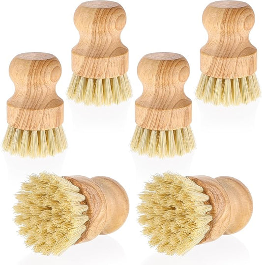 6 Packs Bamboo Dish Scrub Brushes Wok Brush Dish Scrubber Brush Kitchen Dishwashing Scrubber with Natural Bristles Bamboo Scrub Brush for Cleaning Pans, Pots, Sink