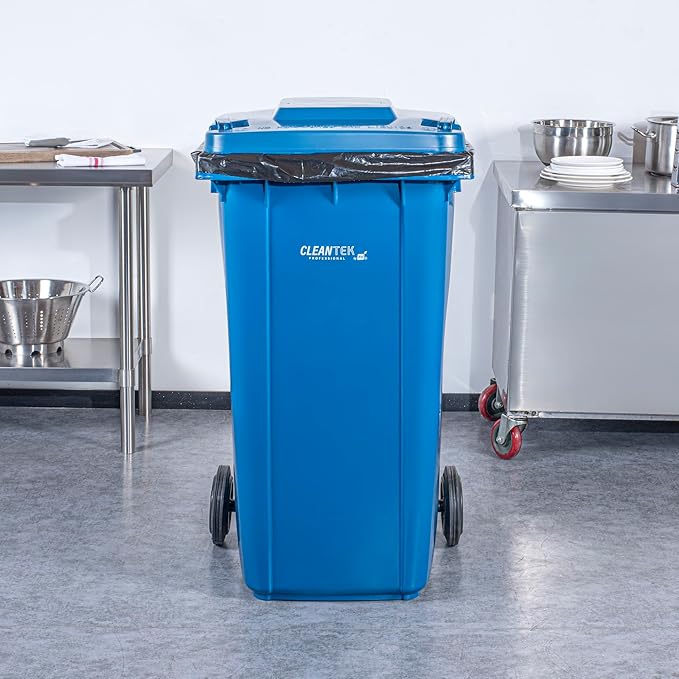 Restaurantware-Clean Tek Professional 64 Gallon Trash Can With Wheels, 1 Garbage Can With Lid - Step-On Attachment Sold Separately, Rectangle, Blue Plastic Dustbin, Long-Lasting, For Outdoor