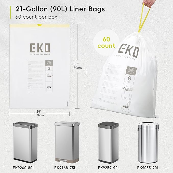 EKO 21 Gallon / 50-90 Liter, 60 Count Drawstring Trash Bags, Extra-Strong Garbage Bags, Fresh Floral Scent with Continuous Odor Control, Easy-Dispense Roll for Kitchen and Household Use, Code G, White