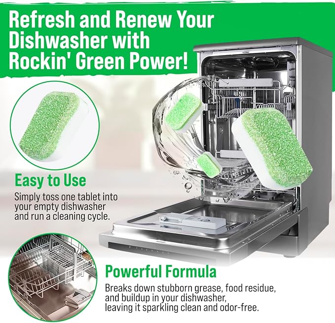 Rockin' Green Deep Cleaning and Deodorizing Tablets for Dishwashers, Washing Machines, and Garbage Disposals, Removes Odor and Residue (Dishwasher Cleaning Tablets, 24 Pack)