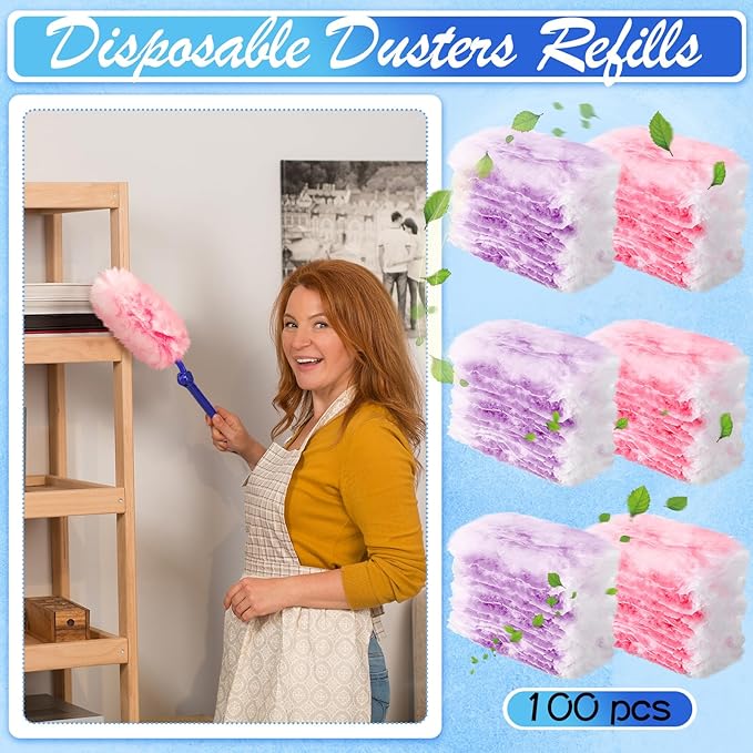 Vesici 100 Pcs Duster Refills Compatible with Swiffer Dusters Bulk Disposable Replacement Thickened with 1 Handle Heavy Duty for Cleaning, Office (Purple and Pink)