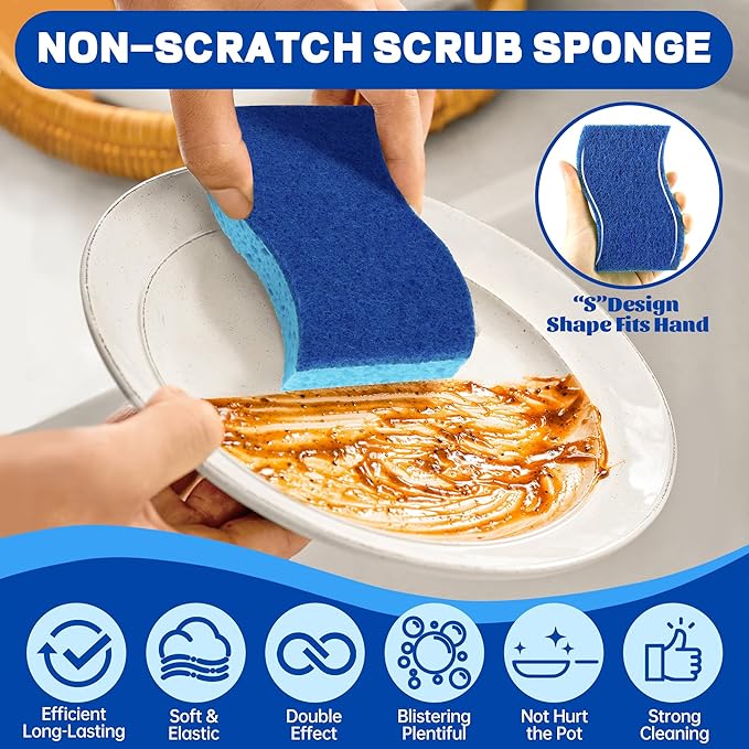 12 Count Non-Scratch Dish Sponges Kitchen, Long Lasting Cleaning Sponges for Dishes,Dual Sided Kitchen Sponges, Cleans Fast Without Scratching, Easy to Dry and Reusable-Blue