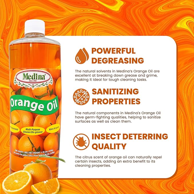 Medina Orange Oil Cleaner & Degreaser Concentrate - 32oz, 2-Pack - Orange Oil Concentrate - All Purpose Cleaner, Garden Pest Defense, Automotive Use - Orange Oil for Wood Treating & Cleaning