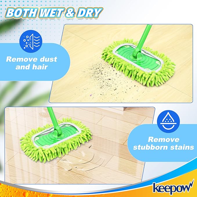 KEEPOW Reusable Microfiber Mop Pads Compatible with Swiffer Sweeper & Mop Deluxe 2-in-1, Wet & Dry Mopping Cloths for All Floors, Compatible with Swiffer Dry Sweeping Cloths for Cleaning (4 Pack)