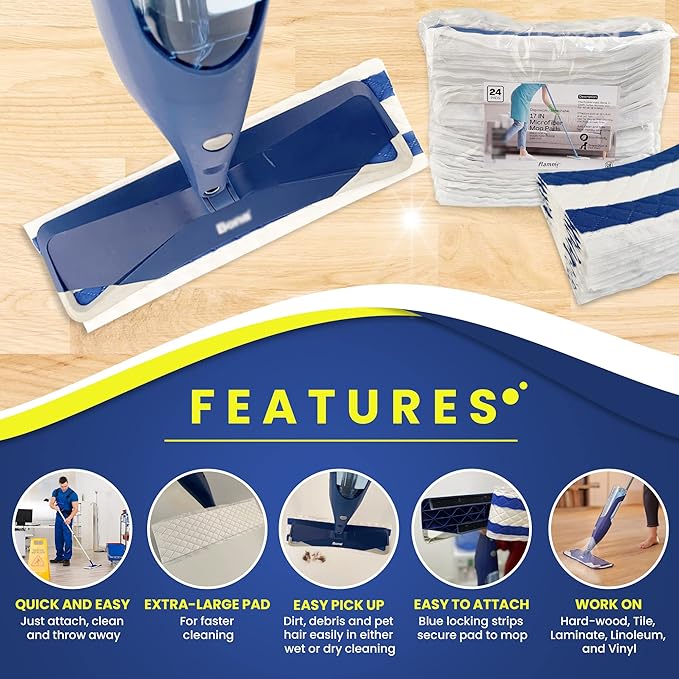 18 Inch Microfiber Disposable Mop Pad 24 Pack for All 16-18'' Hook & Loop System Mop, Wet Dry Cleaning Pad Compatible with Bona,Rubbermaid,Turbo,Norwex (18 in, 24 Pack)