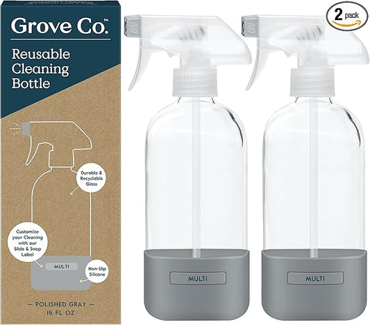 Grove Co. Glass Spray Bottles for Cleaning Solutions, 2-Pack Bundle, Unique Silicon Sleeve Slide & Snap Custom Label, Refillable Spray Bottle, Made from Recycled Glass, 2 x 16oz