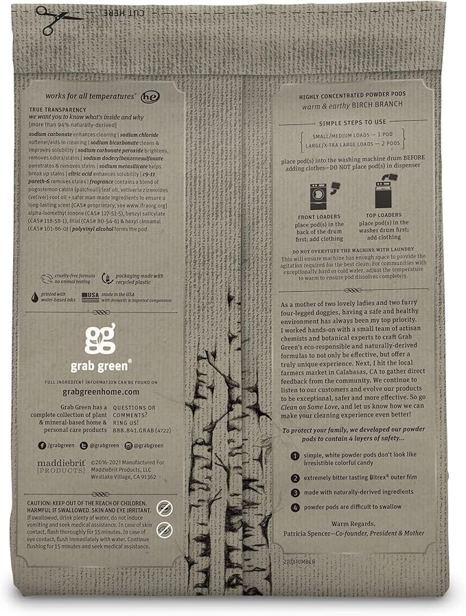 Grab Green Stoneworks Laundry Detergent Pods, Powered by Naturally-Derived Plant & Mineral-Based Powder Pods, Birch Branch, 50 Count (Pack of 1) Loads-EPA Safer Choice Certified