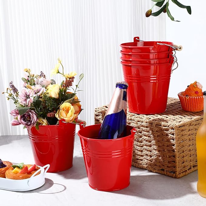 Zopeal 6 Pcs Large Metal Bucket Beer Bucket Galvanized Steel Pail with Handle for Gifts Basket Ice Candy Party(5 x 4.7 x 3.5 Inch,Red)