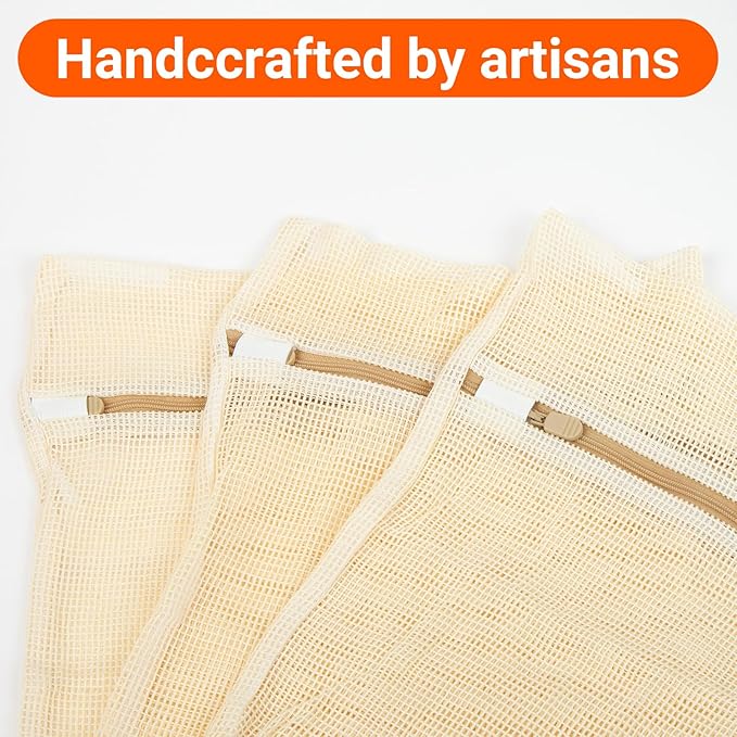 3Pcs Mesh Laundry Bags for Delicates, Durable Organic Cotton Mesh Wash Bags, Sturdy Zipper Laundry Bag for Lingerie, Clothes, Shoes, Socks, Medium