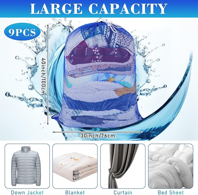 Windyun Mesh Laundry Bag, 9 Pcs 30" x 40" Heavy Duty Large Mesh Laundry Bags Drawstring Lockable Laundry Hamper Liner Machine Washable Bag for Travel Dorm Home College Storage Apartment (Blue)