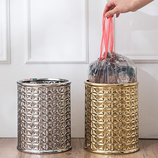 Gold Ceramic Trash Can - Round Waste Bin for Bathroom Vanity & Kitchen Desk, Durable Small Garbage Can with Lid, Modern Home Office Decor, Space-Saving Design