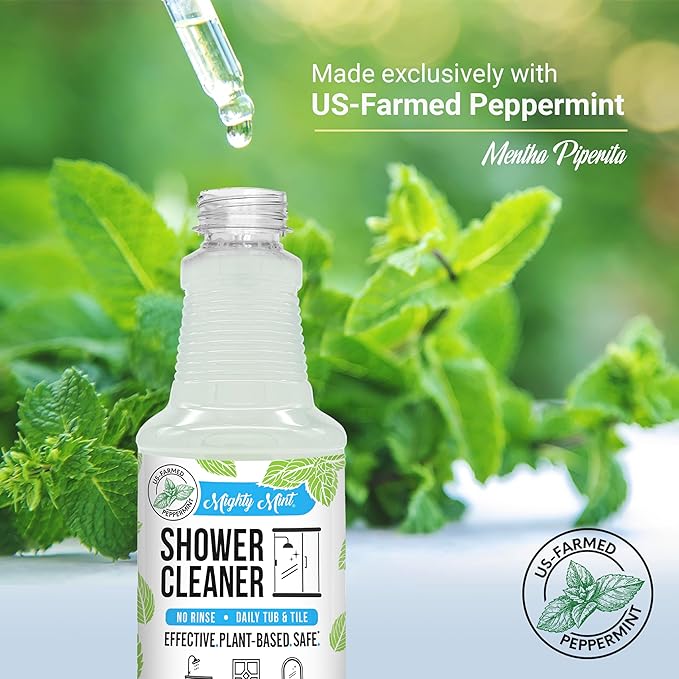Mighty Mint Shower Cleaner, No-Rinse, No-Scrub, Daily Spray for Glass, Tile, Grout, Fresh Peppermint Scent, 16oz (Pack of 2)