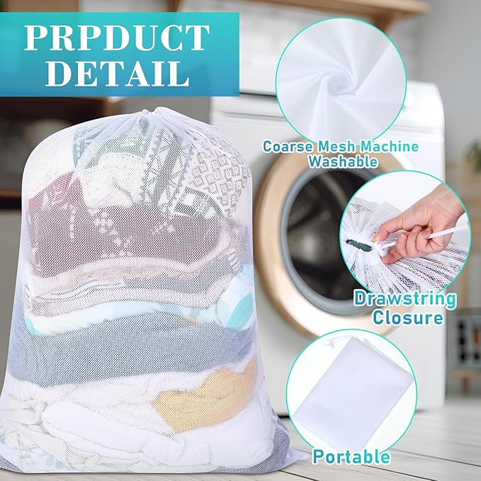 Windyun Mesh Laundry Bag, 9 Pcs 30" x 40" Heavy Duty Large Mesh Laundry Bags Drawstring Lockable Laundry Hamper Liner Machine Washable Bag for Travel Dorm Home College Storage Apartment(White)