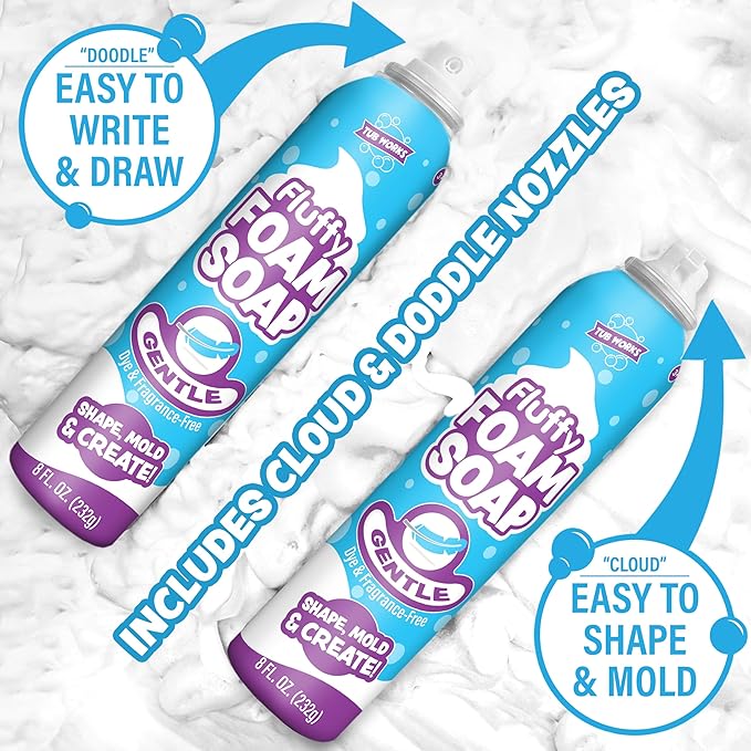 Tub Works™ Fluffy Foam Soap, White, 6 Pack | Shape, Mold & Create Bathtub Art with Soft Bath Foam for Kids | Fragrance-Free & Dye-Free Kids Bath Soap | Easy-to-Use Spray Nozzles