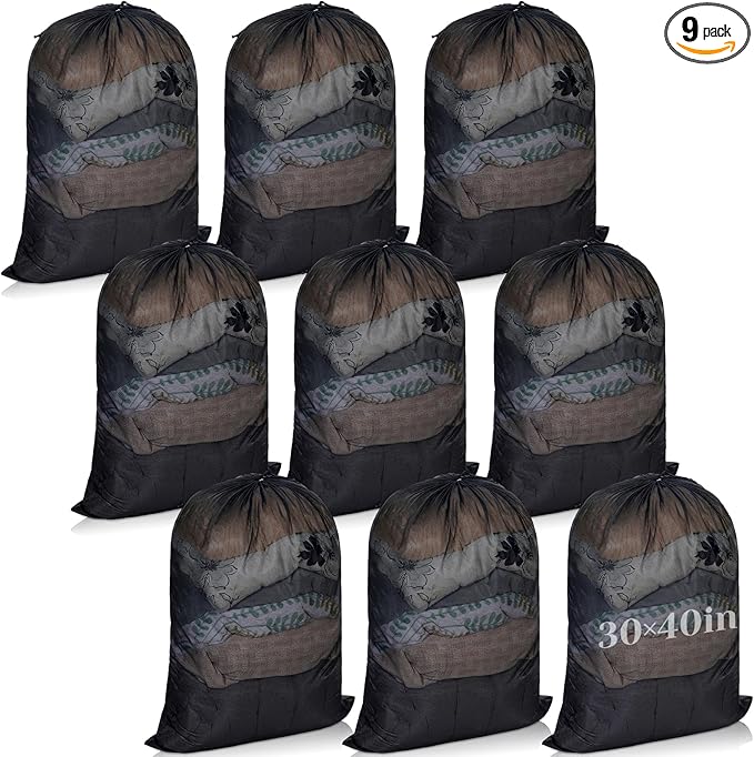 Windyun Mesh Laundry Bag, 9 Pcs 30" x 40" Heavy Duty Large Mesh Laundry Bags Drawstring Lockable Laundry Hamper Liner Machine Washable Bag for Travel Dorm Home College Storage Apartment(Black)