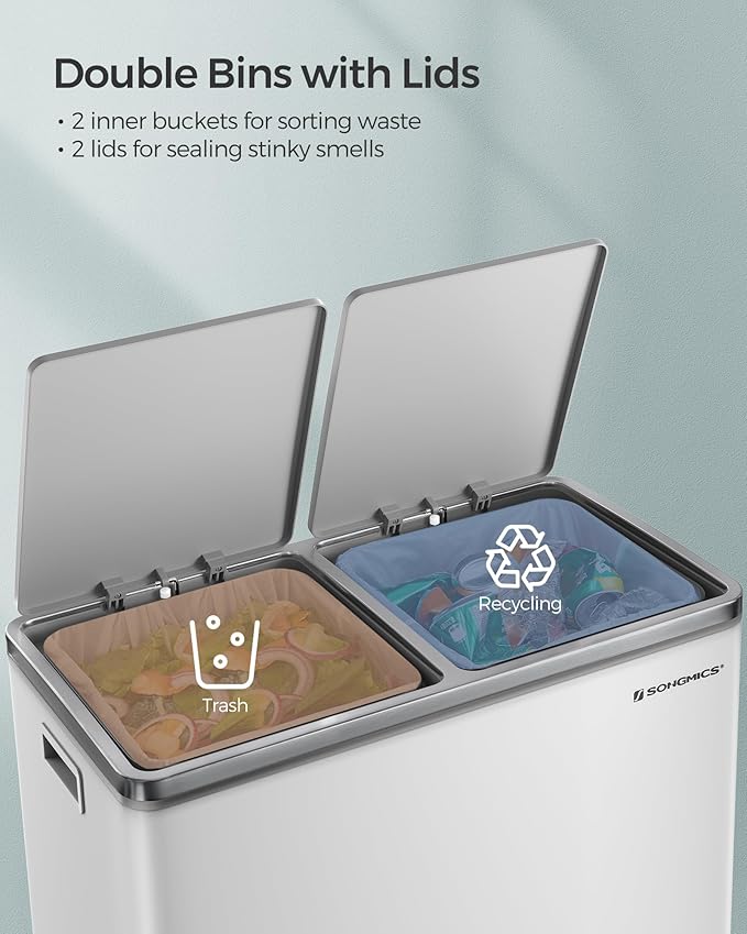 SONGMICS Trash Can, 2 x 8 Gallon (2 x 30 L) Garbage Can for Kitchen, with 15 Trash Bags, 2 Compartments, Plastic Inner Buckets and Hinged Lids, Airtight, White and Gray ULTB60WT