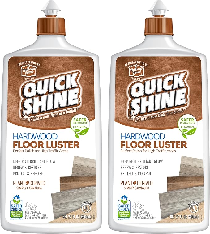 Quick Shine Hardwood Floor Luster-Polish 27oz-2pk | Plant-Derived w/Carnauba | Safer Choice, No PFAS, pH Neutral | Ready to Use Formula w/Anti-Slip Technology | Simply Squirt & Spread | Made in USA