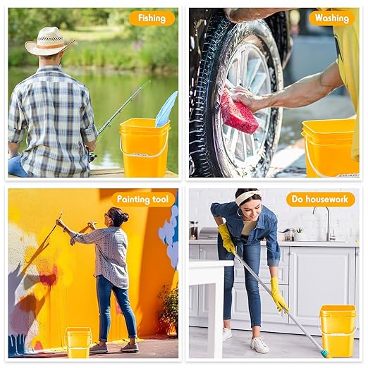 Vesici 6 Pcs 5 Gallon Food Grade Square Buckets with Lids 5 Gal Plastic Food Storage Square Bucket Heavy Duty Industrial Pail Container with DIY Label Stickers Handles for Water Painting(Yellow)