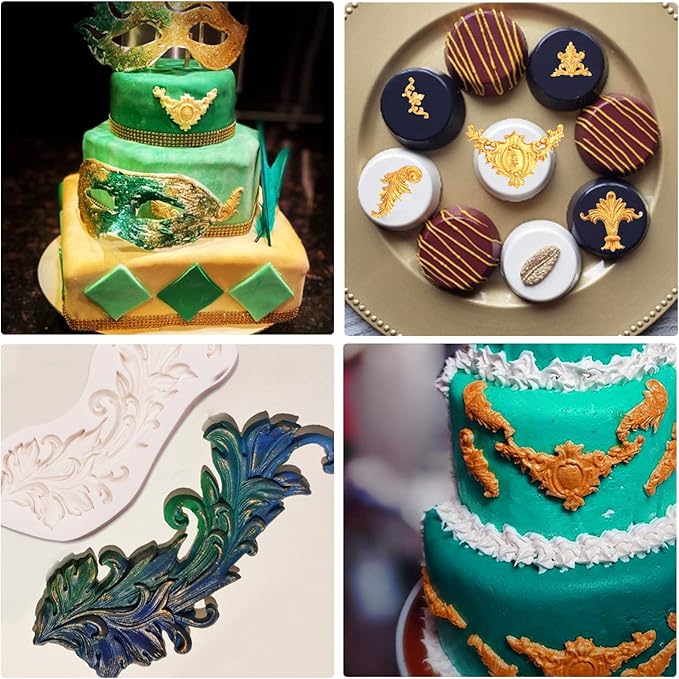 Baroque Feather Chocolate Molds Silicone, Scroll Relief Border Fondant Molds, for Wedding Party Cake Decoration, Cupcake Toppers, Sugar Craft Gum Paste Polymer Clay Pie Candy