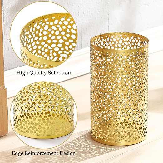 Metal Gold Trash Can, Modern Gold Garbage Can for Office, Cylindrical Metal Waste Basket for Bathroom Bedroom, 7" D x 12" H