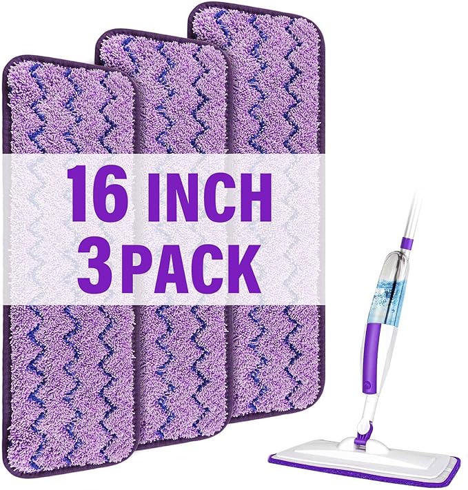 16.5 inch Mop Pads Refills, 3 Pack Microfiber Reusable Replacement Mop Pads Flat Replacements Heads for Wet Or Dry Floor Cleaning and Scrubbing, Purple Cloth