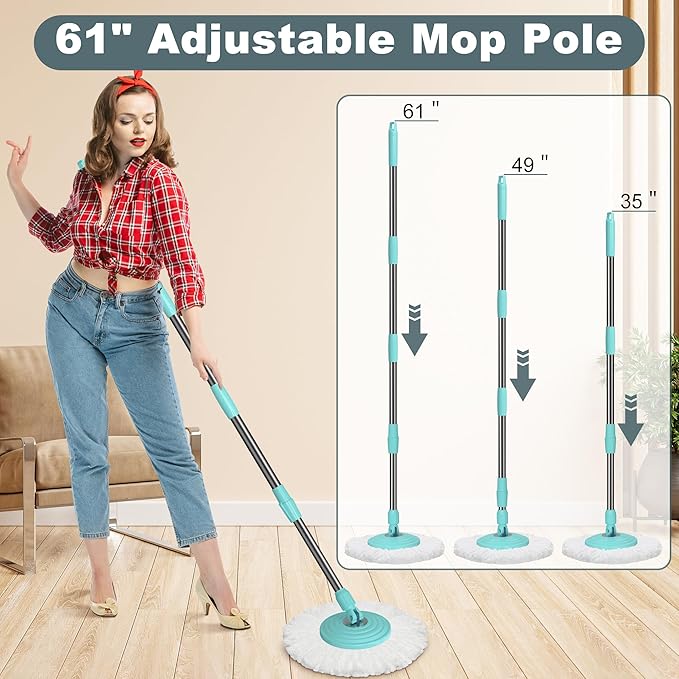 Spin Mop and Bucket System, Mop and Bucket with Wringer Set,Mops for Floor Cleaning,Household Supplies Tools with 3 Replacement Refills,61" Extended Handle for Household Hardwood Floor - Green