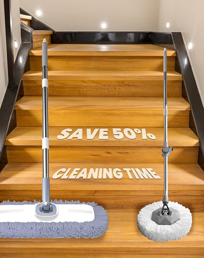 Flat Microfiber Mop and Bucket Set with Wringer, 360° Spin Mop for Floor & Wall Cleaning, 17.7x9in Wide Head, 2 Washable Pads, Hands-Free