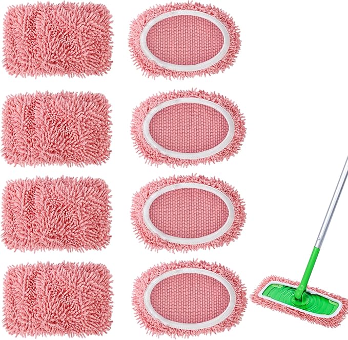 4Pcs Reusable Microfiber Mop Pads Compatible with Swiffer Sweeper, Replacement Wet Mopping pad Refills & Washable Dry Sweeping Cloths for Surface/Hardwood Floor Cleaning（Pink）