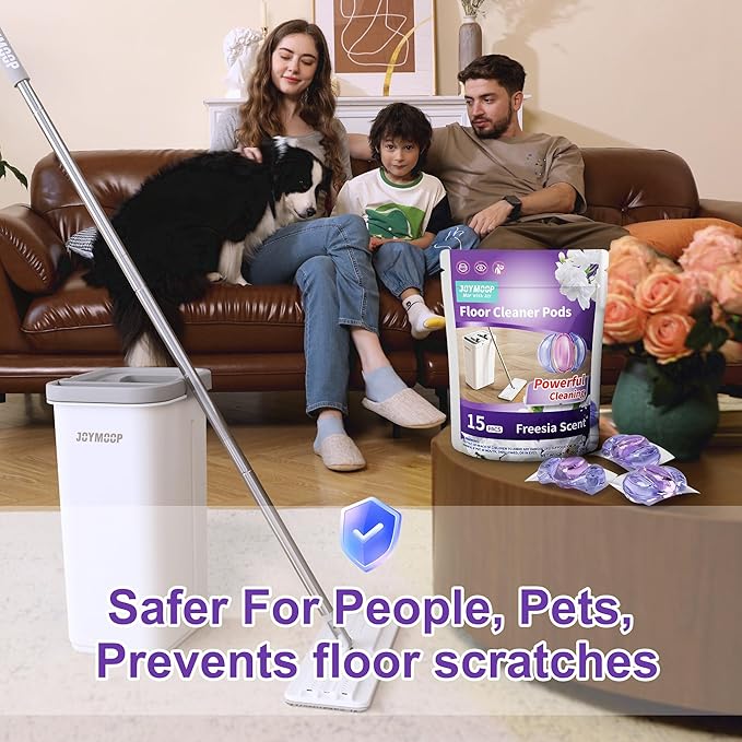 JOYMOOP Mop and Bucket with Wringer Set and Floor Cleaner Pods, Flat Floor Mop with 3 Reusable Microfiber Pads, Wet and Dry Use, Freesia Scent Pack of 15 Pacs for Floor Cleaning