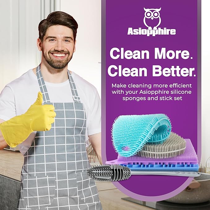 Silicone Dish Scrubber Sponges (5-Pack) - Dual-Sided Silicone Scrubbers and 1 Bottle Stick Brush - Food Grade Kitchen Scrubbers for Dishes - BPA-Free Sponges