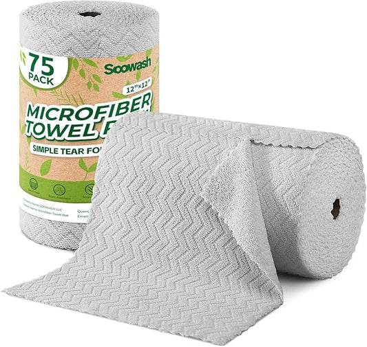 Microfiber Cleaning Cloths Roll, 75 Pack Tear Away Microfiber Towels Roll, 12" x 12" Lint Free Rags, Reusable Cleaning Cloths, Washable, Scratch Free,Ultra Absorbent Dish Rags(Grey Ripple)