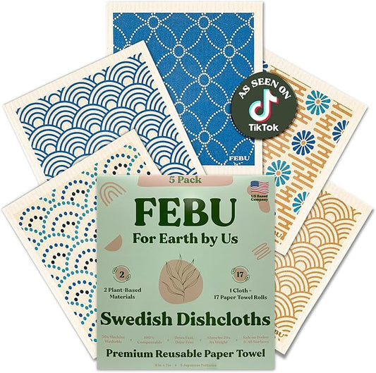 FEBU Swedish Dishcloths for Kitchen | 5 Pack Japanese Reusable Paper Towels Washable | Swedish Dish Towels | Non-Scratch Cellulose Sponge Cloths | No Odor, Biodegradable Cleaning Cloths