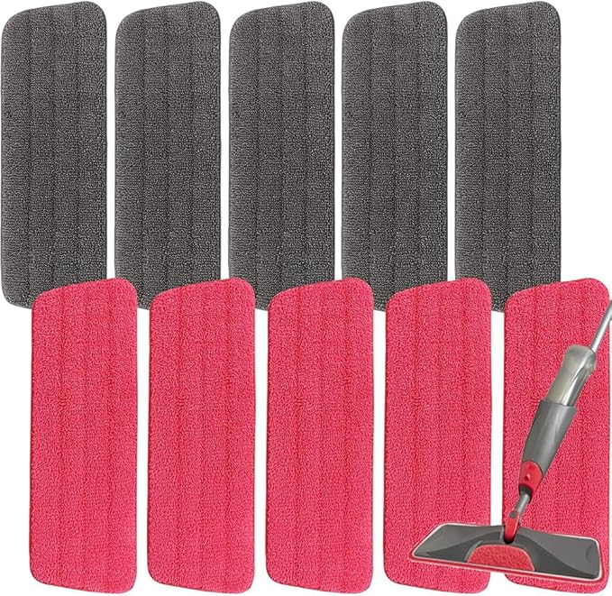 16.5 inch Microfiber Mop Pads for Rubbermaid Reveal Spray Mop and Any 16.5" Flat Mop - 10 Pack 13''-15'' Spray Mop Pad Reusable Washable Replacement Refills - Red & Grey