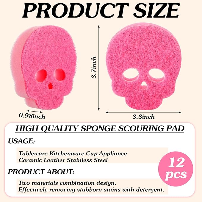 Tioncy 12 Pack Skull Kitchen Sponges Bulk Dual Sided Scrubber Pink Sponges Dishwashing Skull Kitchen Accessories Dish Scouring Black, White