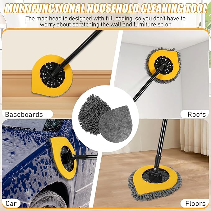 Wall Cleaner Mop with Long Handle, Wall Duster for Walls Baseboards Ceilings Floor Cleaning,Telescoping Ceiling Mops with Washable Mop Pads,Yellow