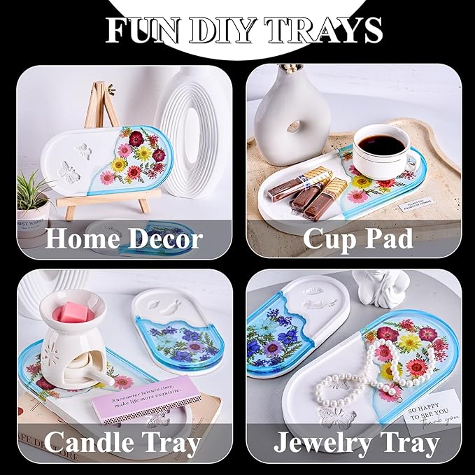 Silicone Tray Molds for Epoxy Resin Mold Tray with Sides 2 PCS Butterfly Carved Jewelry Trinket Dish Concrete Plaster Mould Large Oval Storage Plate Coaster Container Cement Moulds with Clear Stamps