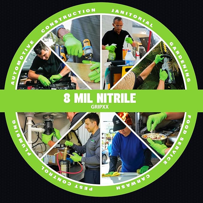 Herkules Grip Heavy Duty 8Mil Green Nitrile Gloves,3D Raised Diamond Texture-Latex & Powder Free-Industrial, Mechanic | Pack of (100 CT)