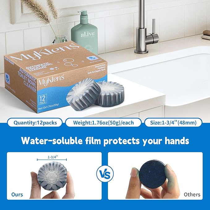 Toilet Bowl Cleaner Tablets, Automatic Toilet Tank Cleaner for Deodorizing & Descaling, Long-Lasting with Sustained Release Technology for Bathroom Cleaners, Blue, 12 Packs