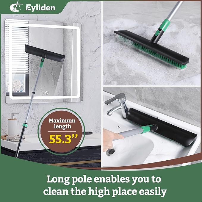 Eyliden X-Large Floor Scrub Brush, 2 in 1 Scrape Brushes with Rubber Squeegee | 55.3" Long Handle, 15" Wide Stiff Bristle Head | Floor Scrubber for Deck Kitchen Shower Bathroom Tub Tile Patio Wall